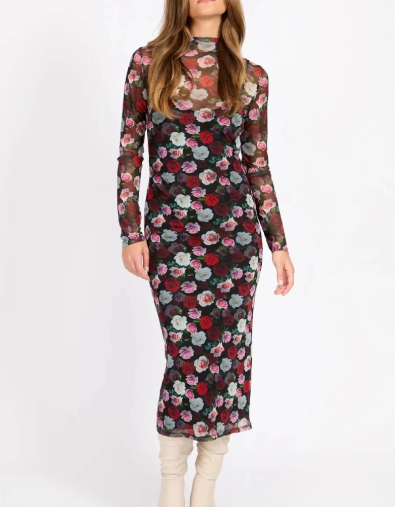 Floral Print Gathered Midaxi Bodycon Dress