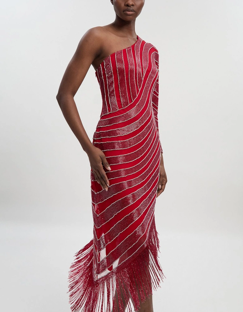 Thigh high Split Embellished Woven Fringed Midi Dress