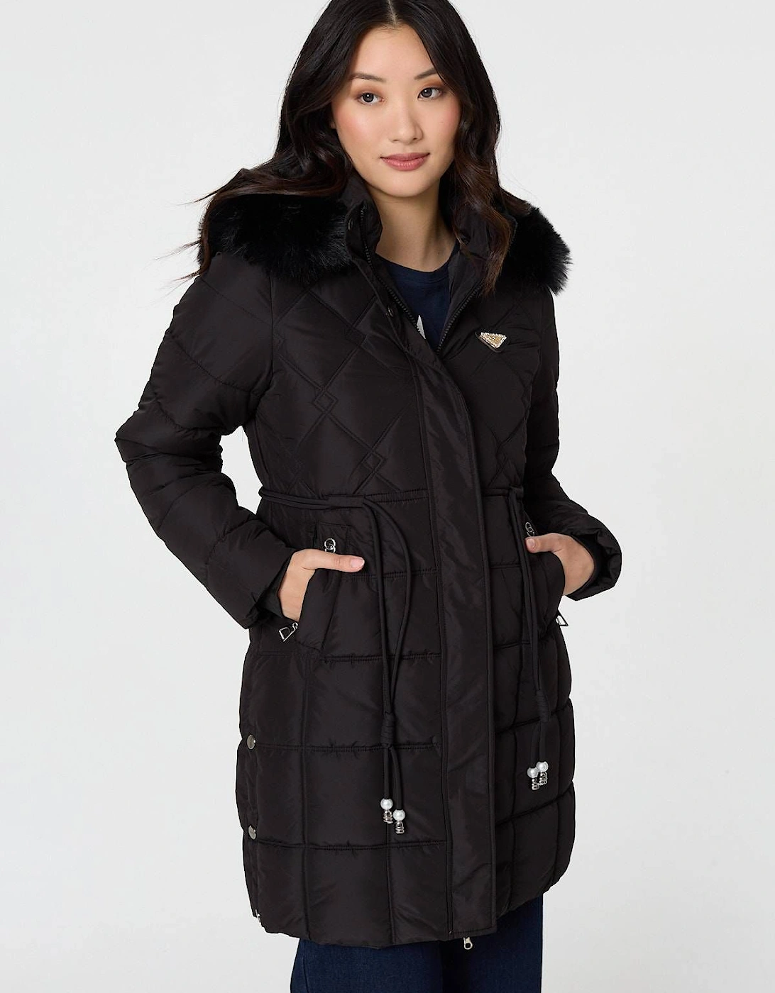 Faux Fur Hooded Padded Longline Coat, 2 of 1