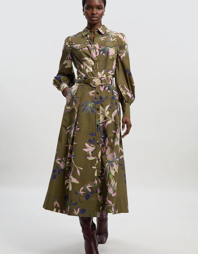 Floral Print Cotton Sateen Woven Belt Detail Midi Skirt