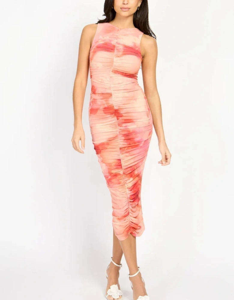 Orange Print Mesh Midaxi Dress