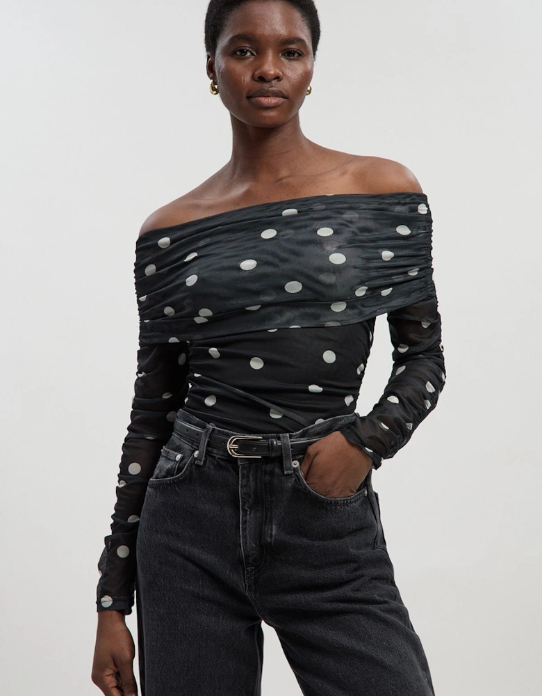 Polka Dot Ruched Off Shoulder Ruched Bodysuit