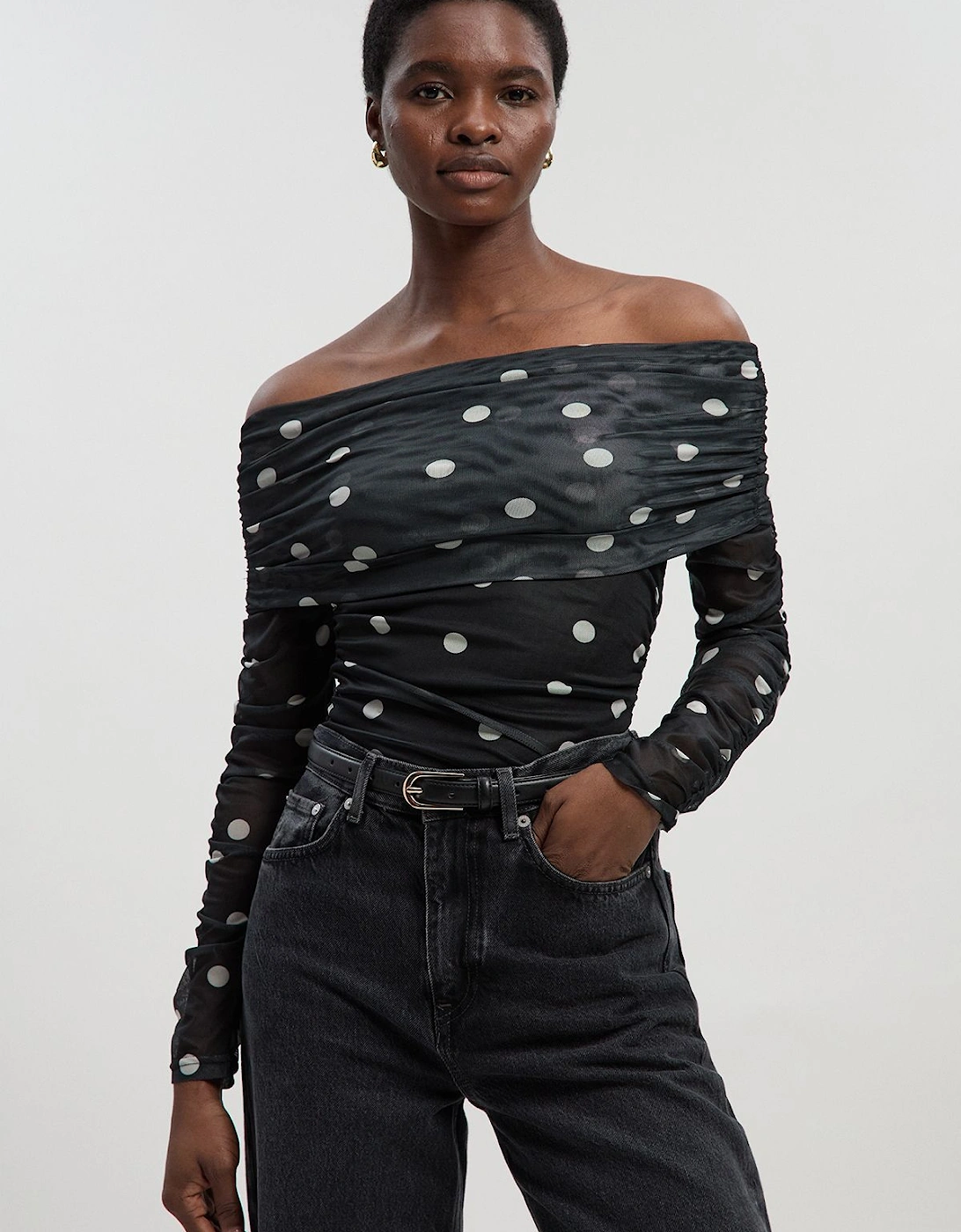 Polka Dot Ruched Off Shoulder Ruched Bodysuit, 2 of 1