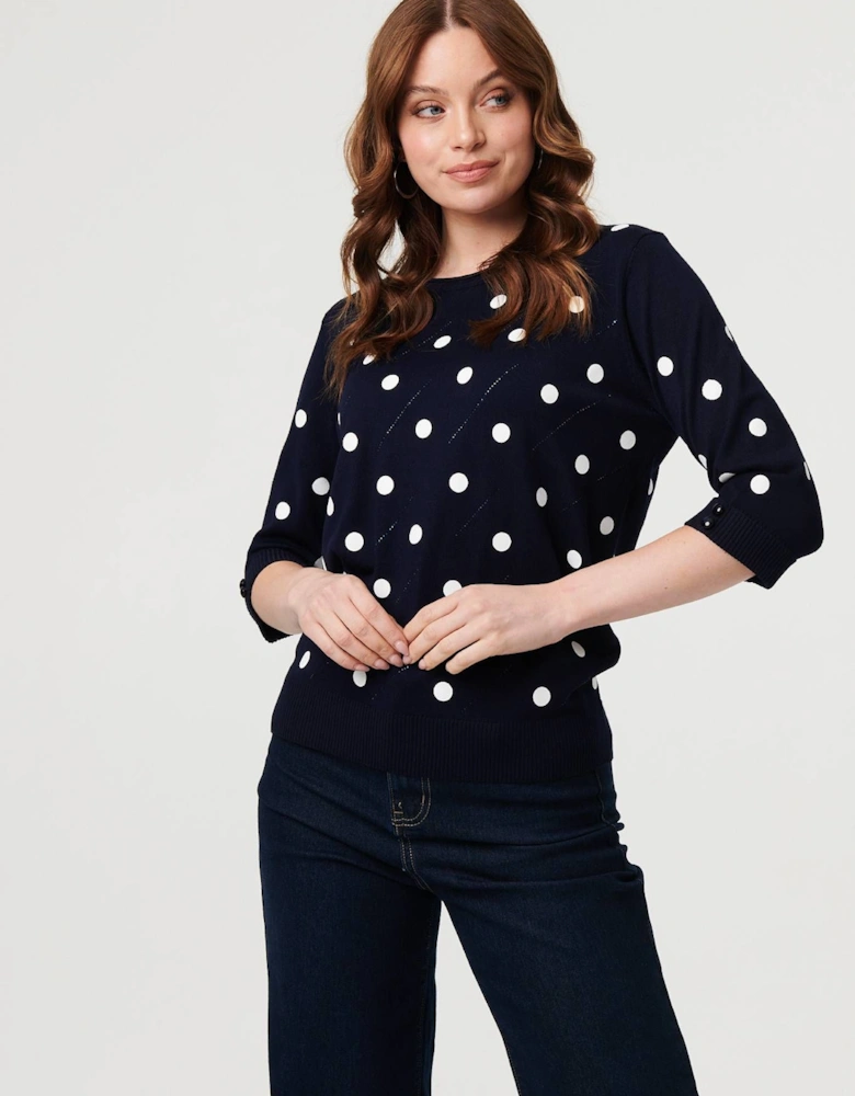 Polka Dot Print 3/4 Sleeve Slim Jumper