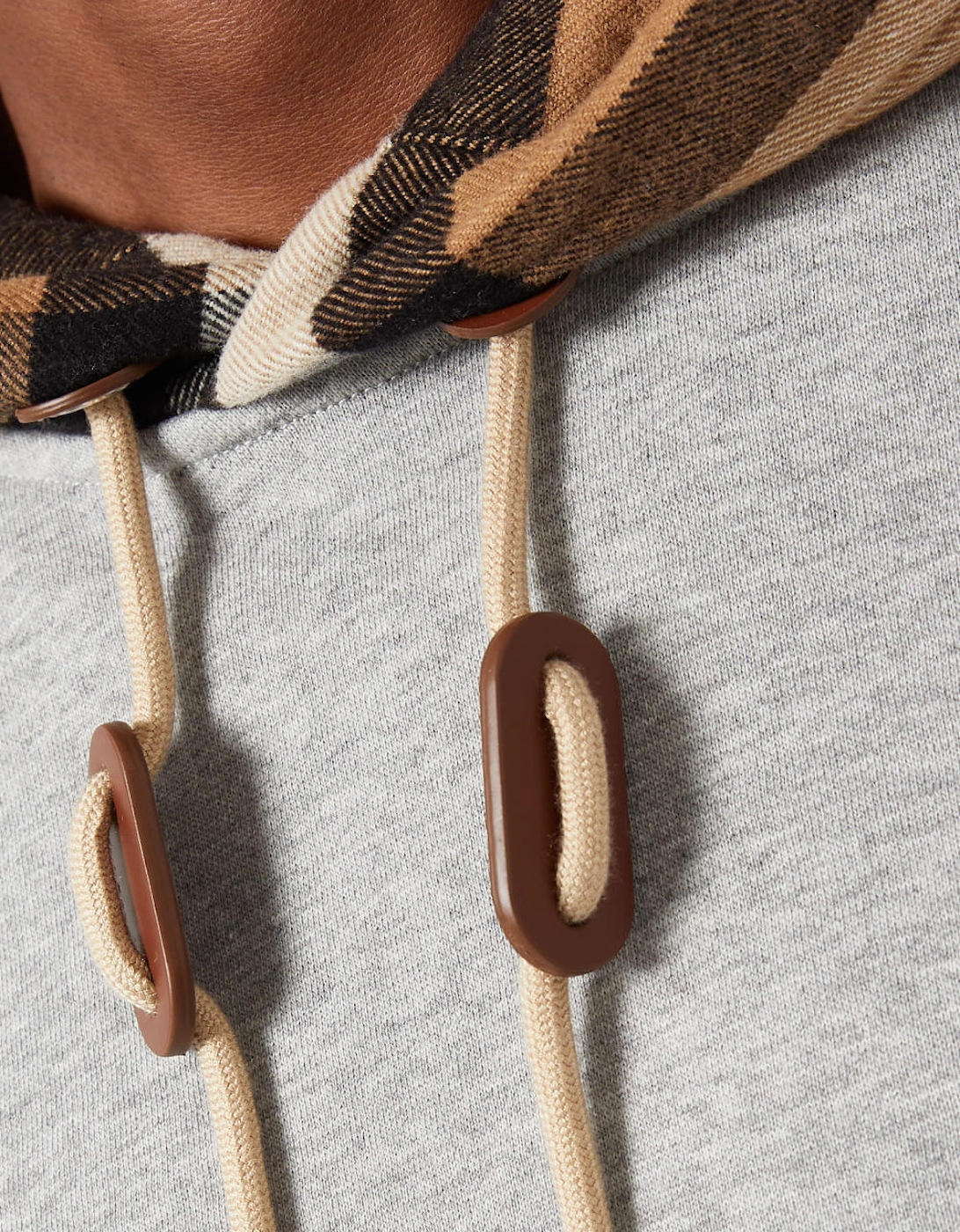 Check Trim Hooded Cotton Sweatshirt Gray