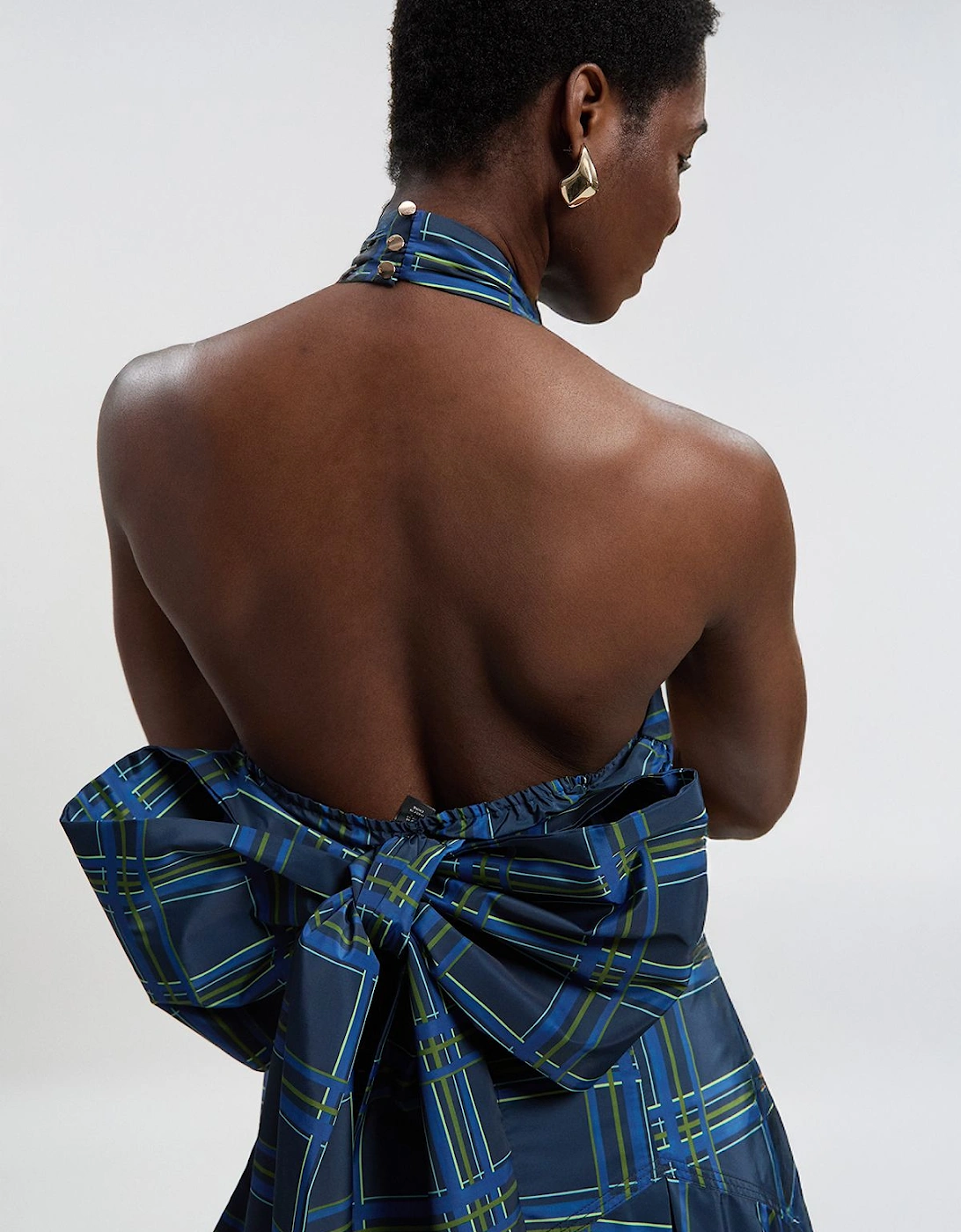 Check Taffeta Cross Front Halter Neck Blouse With Bow Detail, 2 of 1