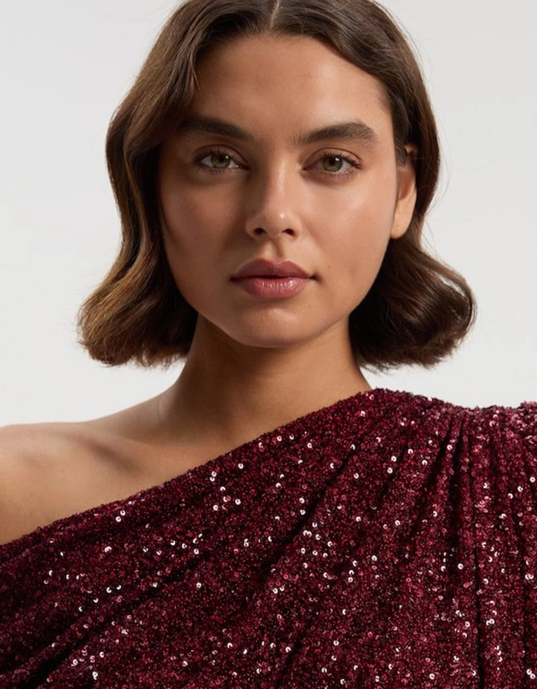 Draped One Shoulder Jersey Stretch Sequin Mini Dress