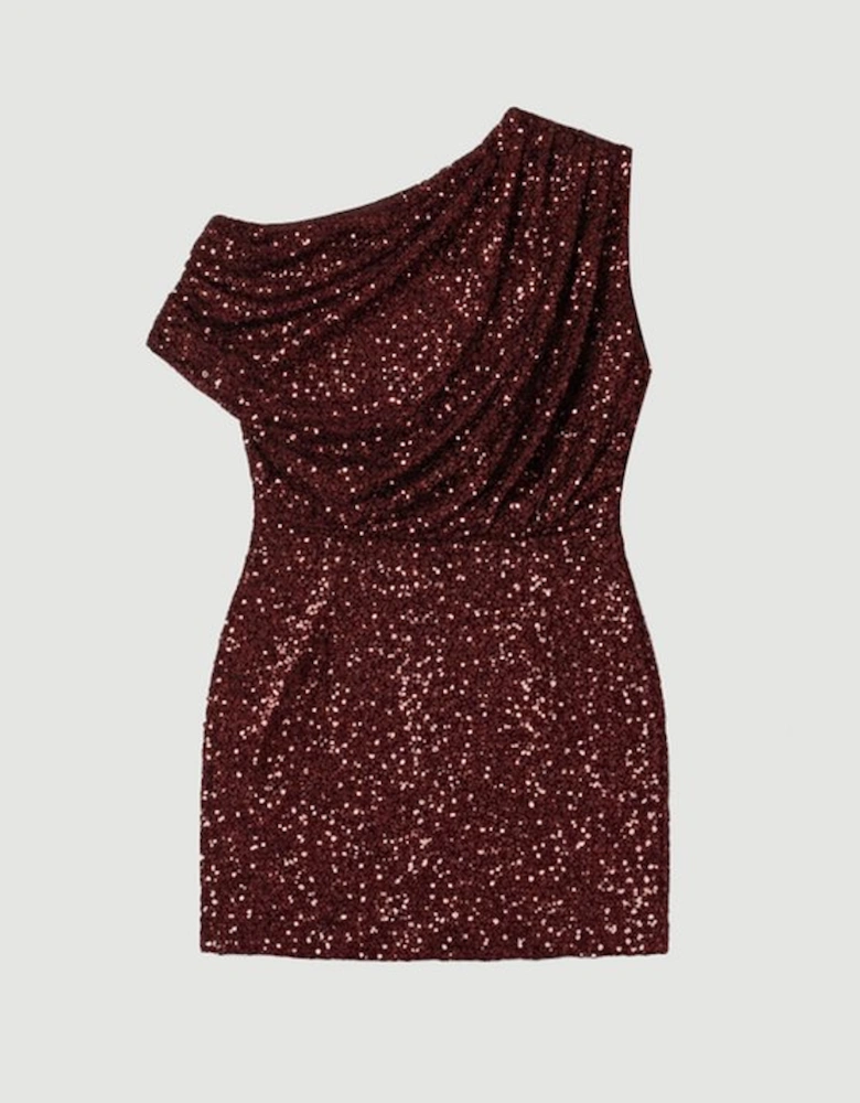Draped One Shoulder Jersey Stretch Sequin Mini Dress