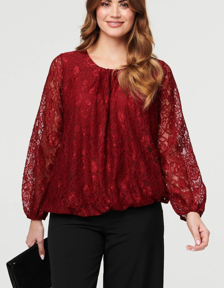 Floral Lace Semi Sheer Ruched Blouse