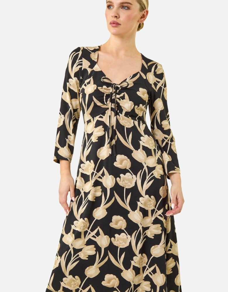 Petite Floral Gathered Stretch Midi Dress