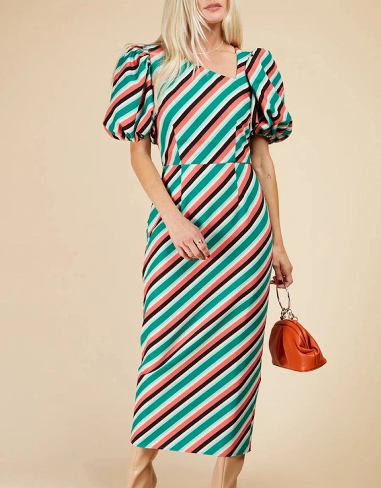 Stripe Asymmetric Neck Midaxi Bodycon Dress