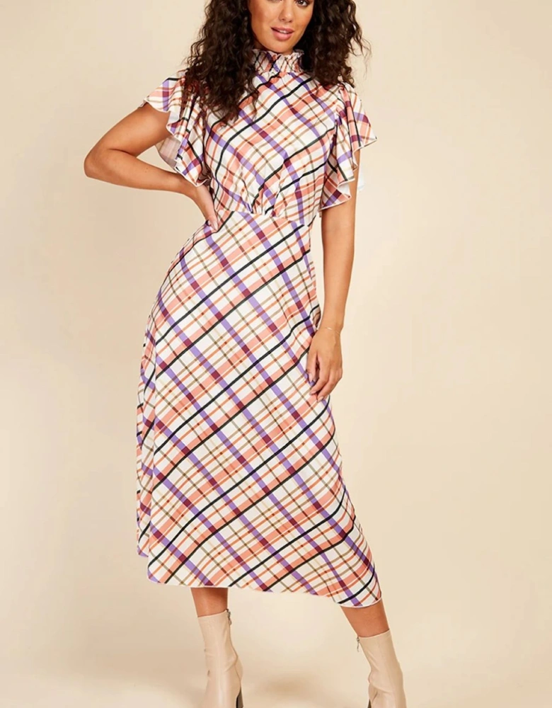 Check Frill Sleeve Midaxi Dress