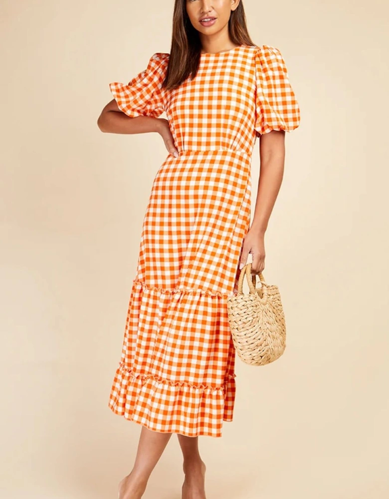 Orange Gingham Tiered Midaxi Dress