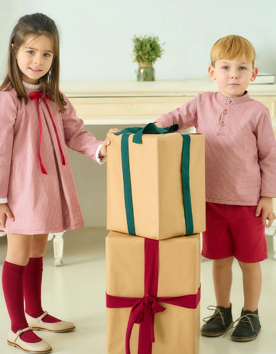 Girls Red Velvet Bow Collared Dress