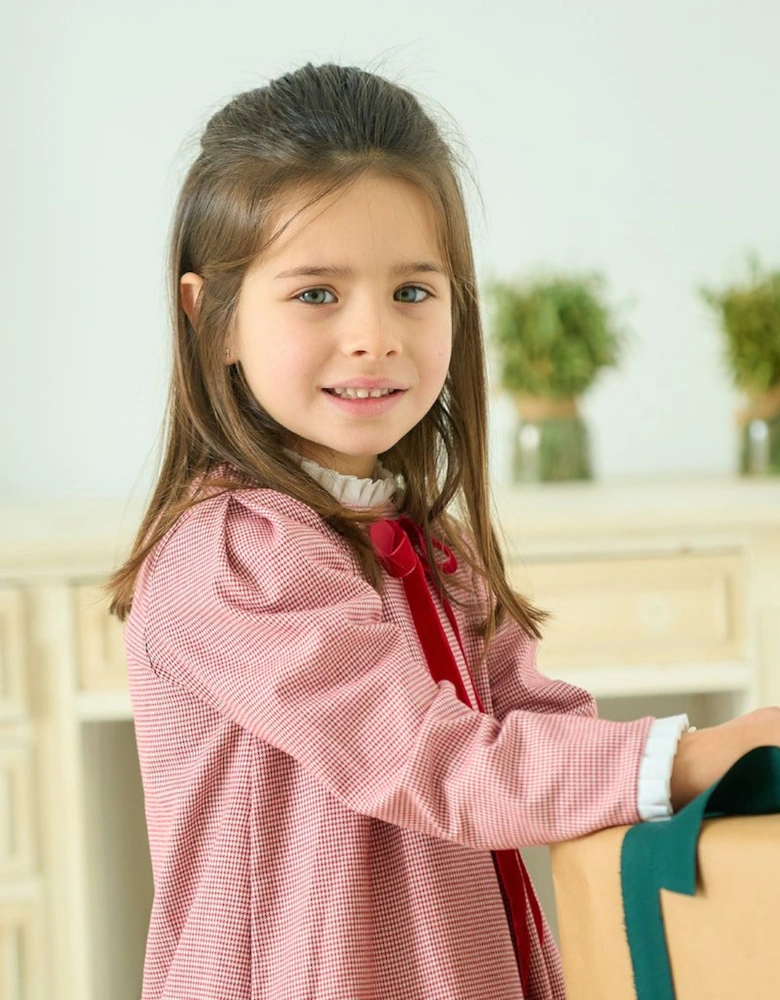 Girls Red Velvet Bow Collared Dress