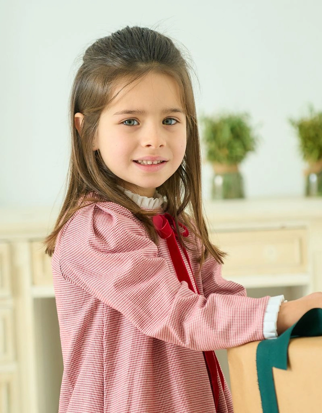 Girls Red Velvet Bow Collared Dress