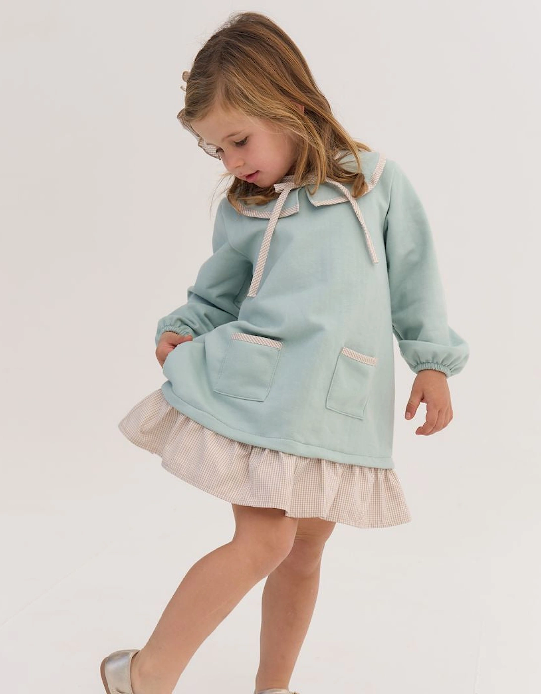 Girls Sage Green Collared Jersey Dress