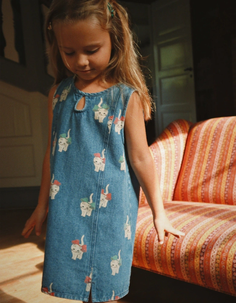 Konges Sløjd Girls Magot Bow Kitty Denim Dress in Blue