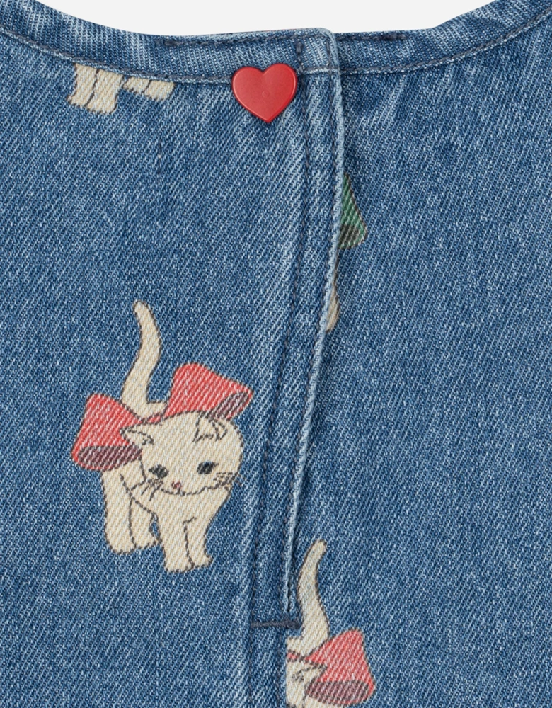 Konges Sløjd Girls Magot Bow Kitty Denim Dress in Blue