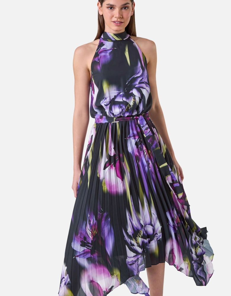 Floral Halter Neck Hanky Hem Midi Dress