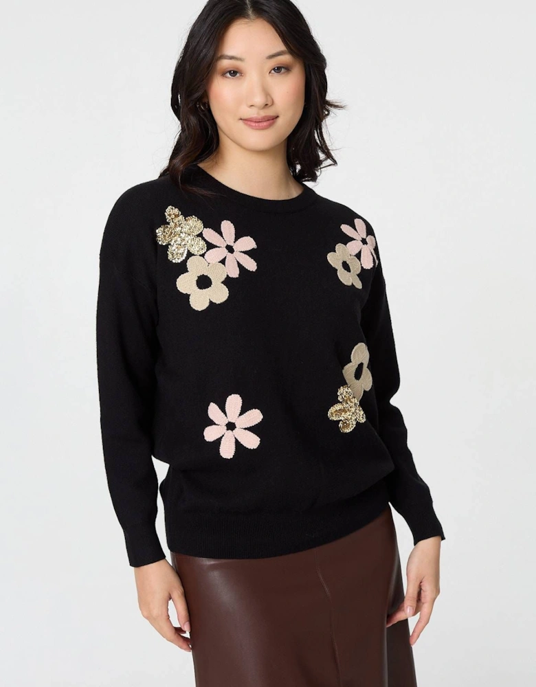 Sequin Floral Embellished Relaxed Jumper