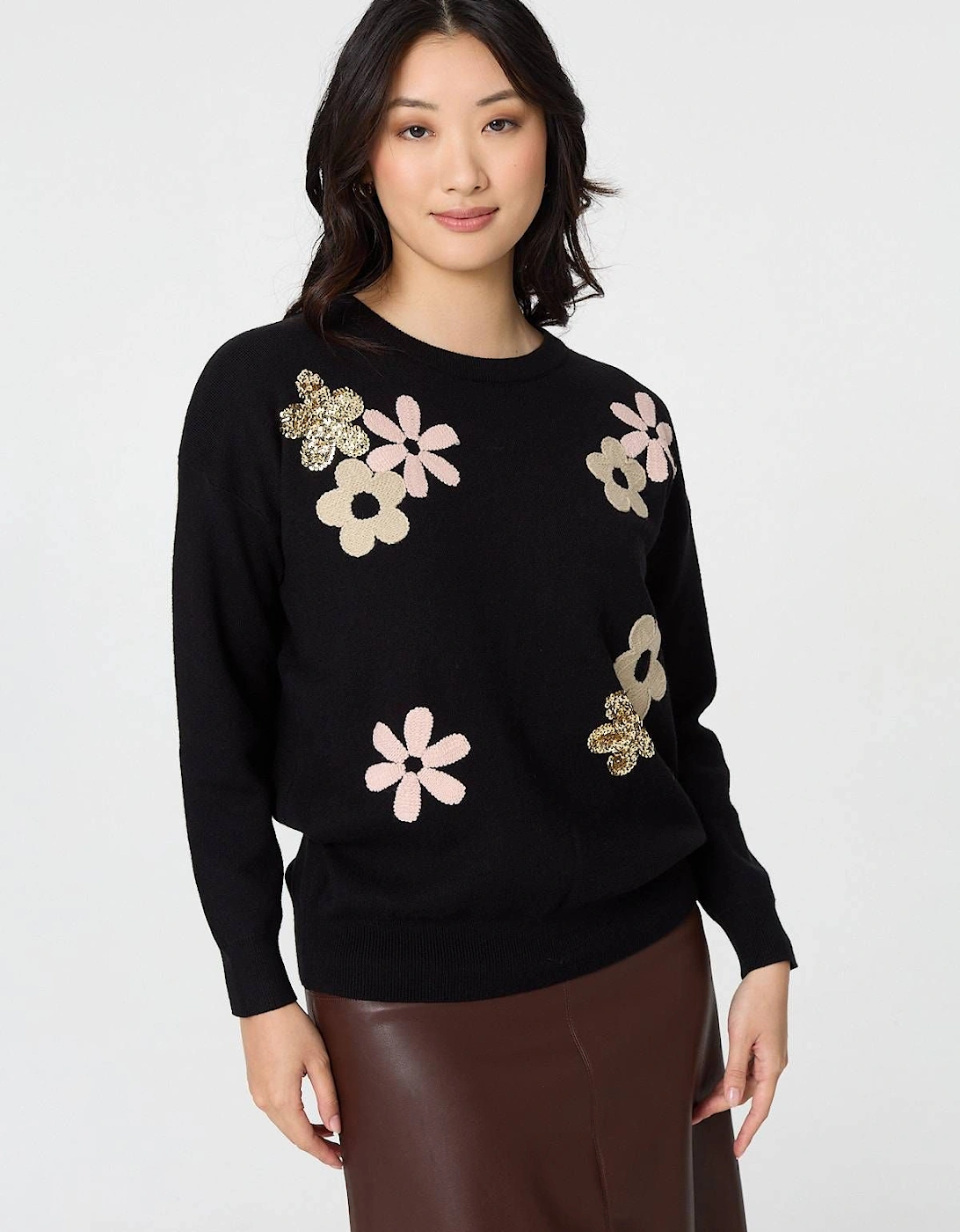 Sequin Floral Embellished Relaxed Jumper, 2 of 1