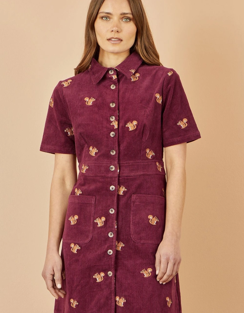 Burgundy Cord Shirt Dress With All Over Squirrel Embroidery