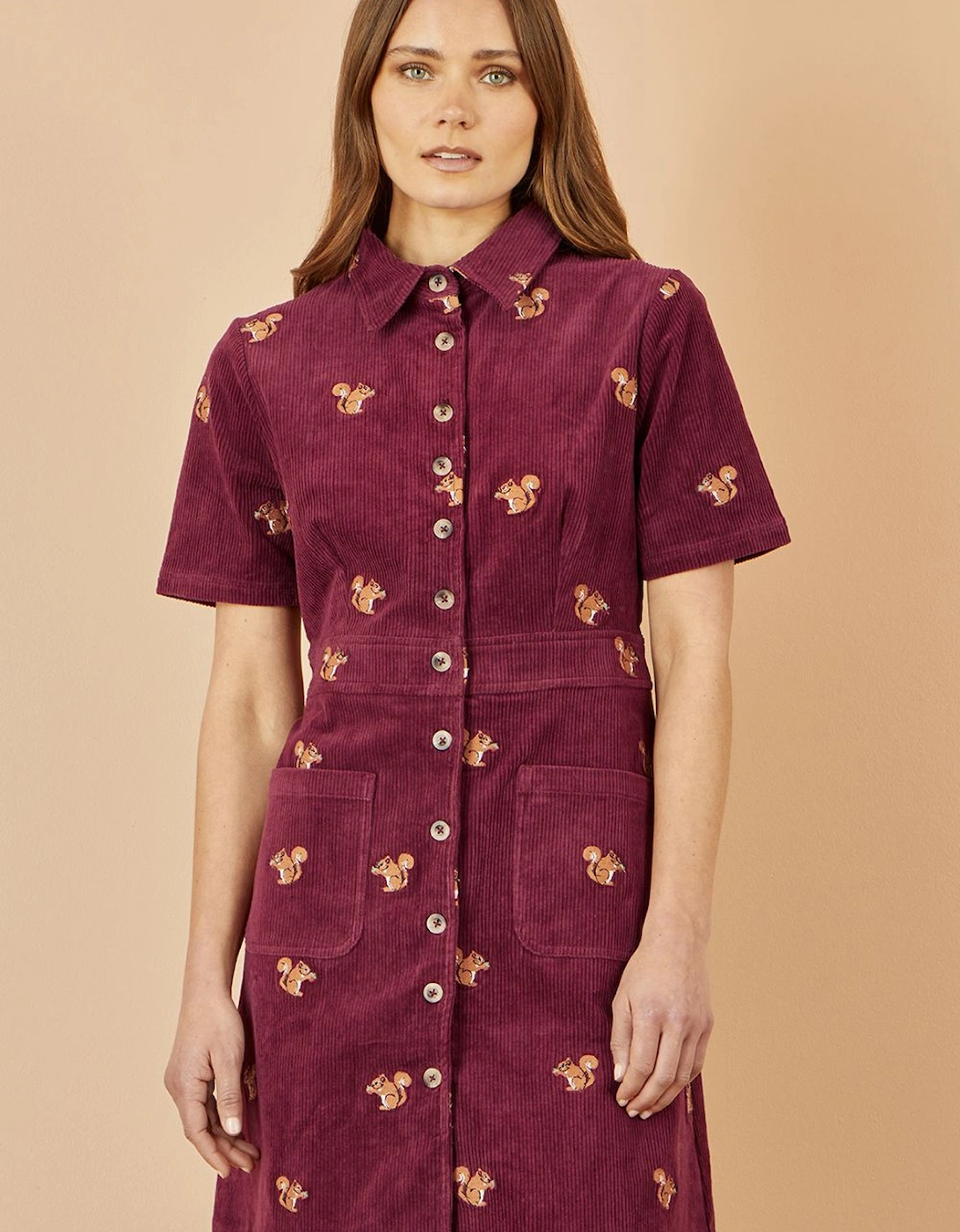 Burgundy Cord Shirt Dress With All Over Squirrel Embroidery, 2 of 1