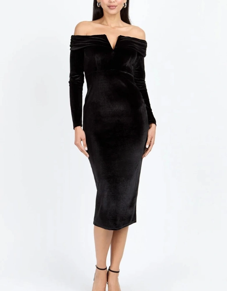 Black Velvet Bardot Midi Dress