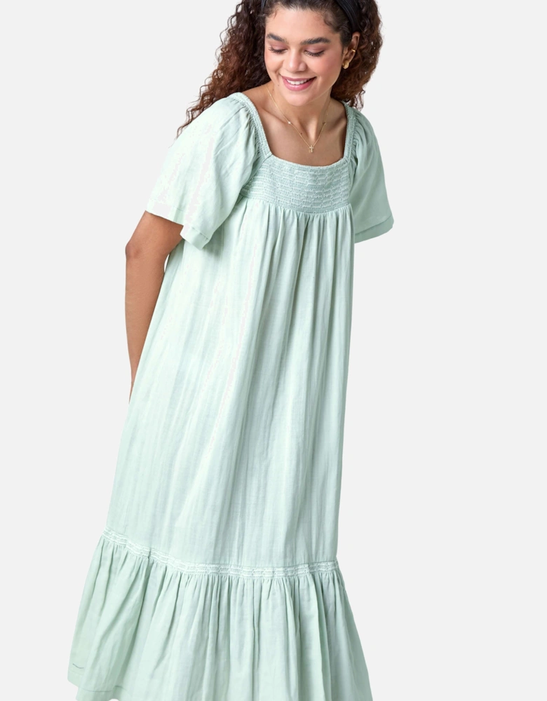 Embroidered Cotton Midi Smock Dress