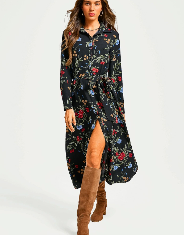 Floral Print Shirt Midi Dress With Tie Waist In Black