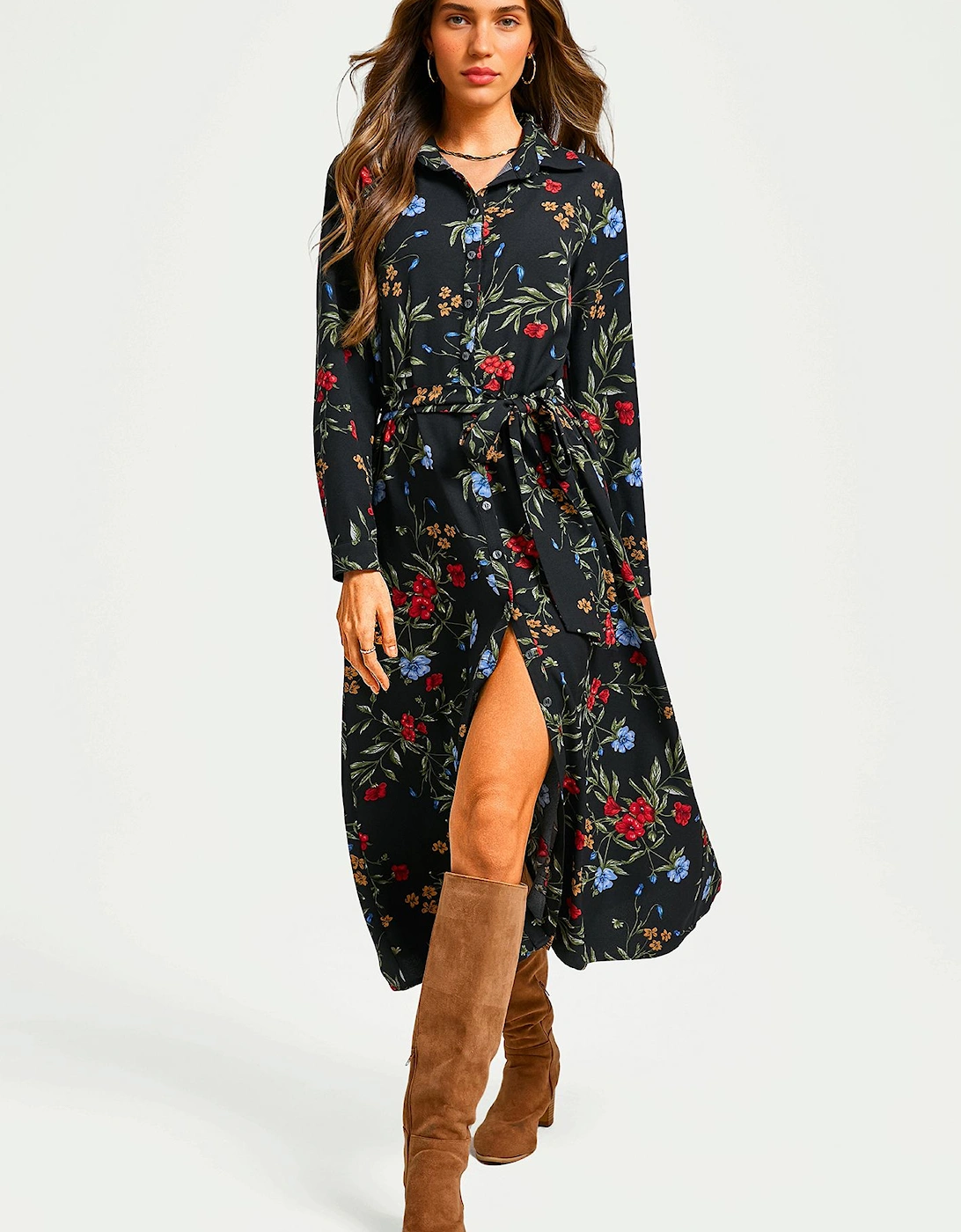 Floral Print Shirt Midi Dress With Tie Waist In Black, 2 of 1