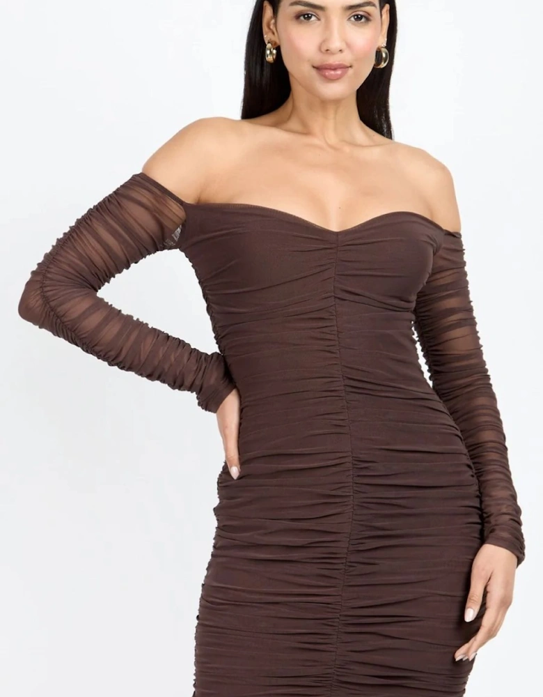 Chocolate Brown Mesh Ruched Bardot Mini Dress