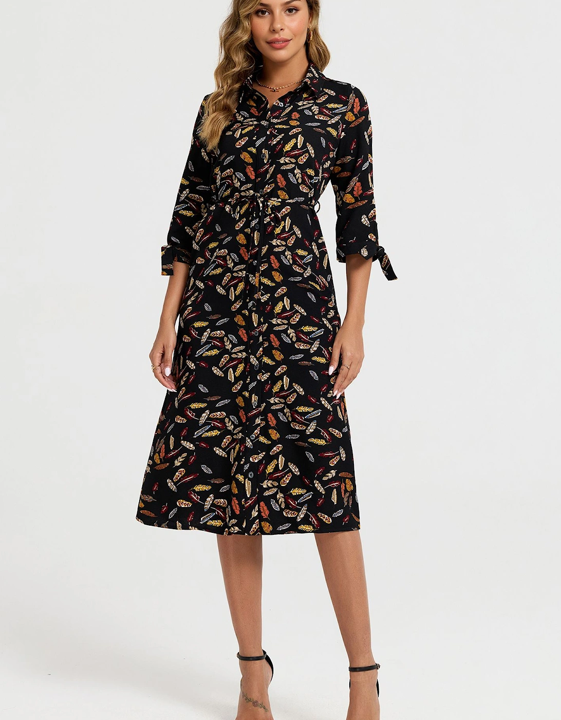 Leaf Print Tie On Sleeves Midi Shirt Dress In Black, 2 of 1