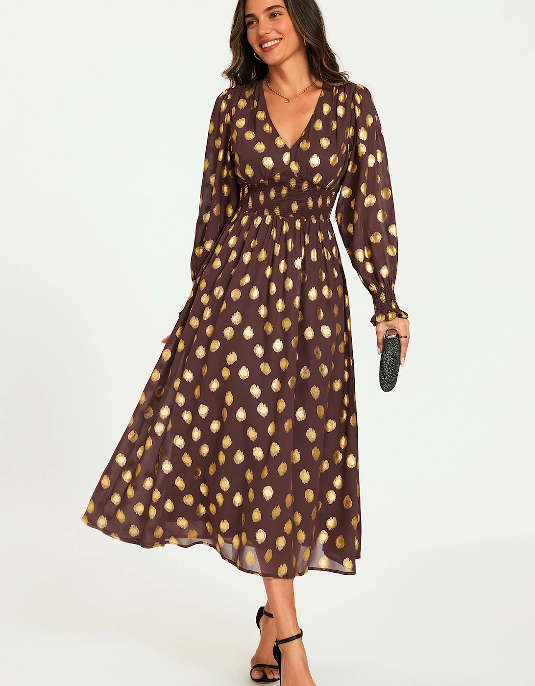 Gold Foil Long Sleeve Midi Dress In Brown, 2 of 1