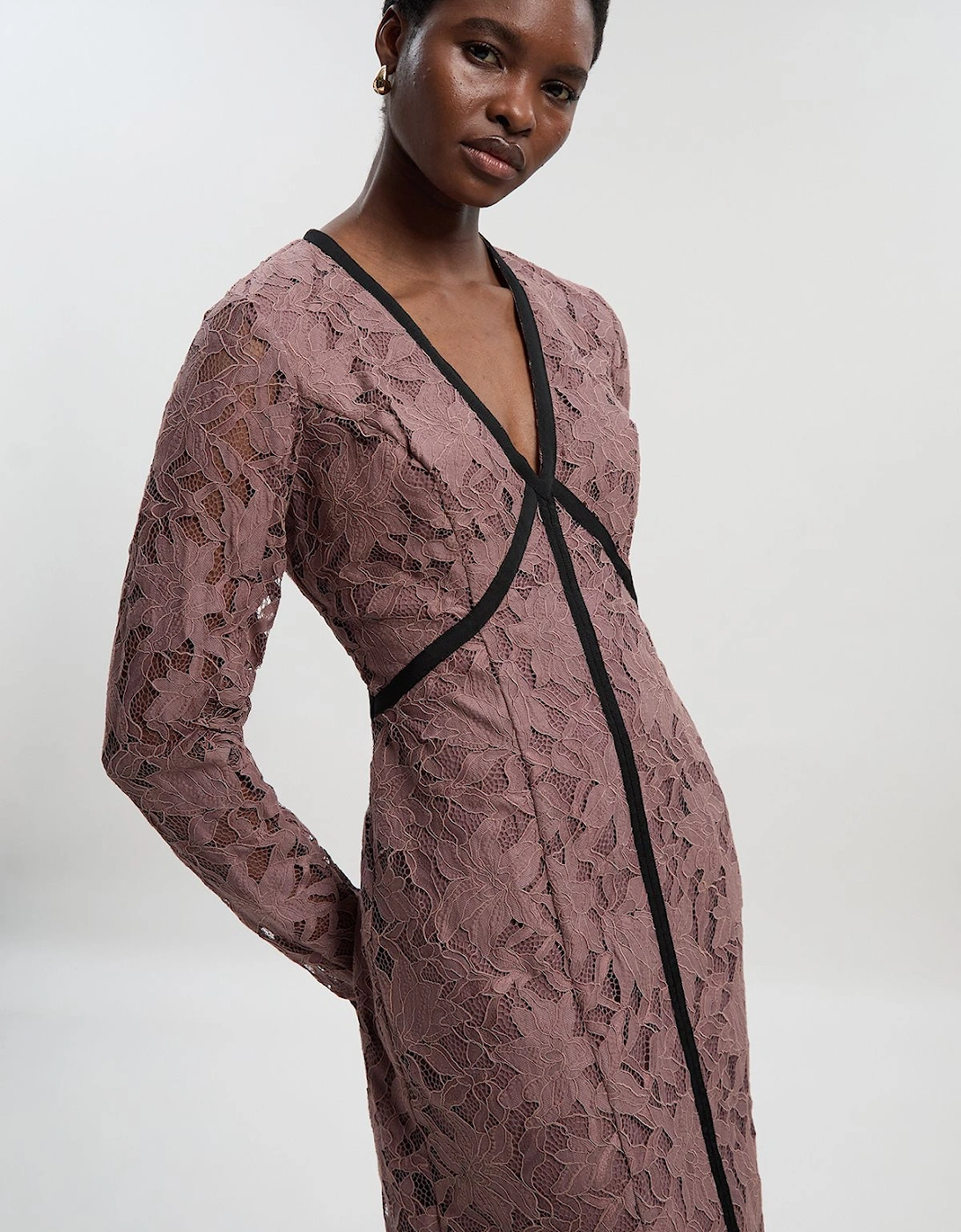 Lace with black taping long sleeve woven maxi dress, 2 of 1