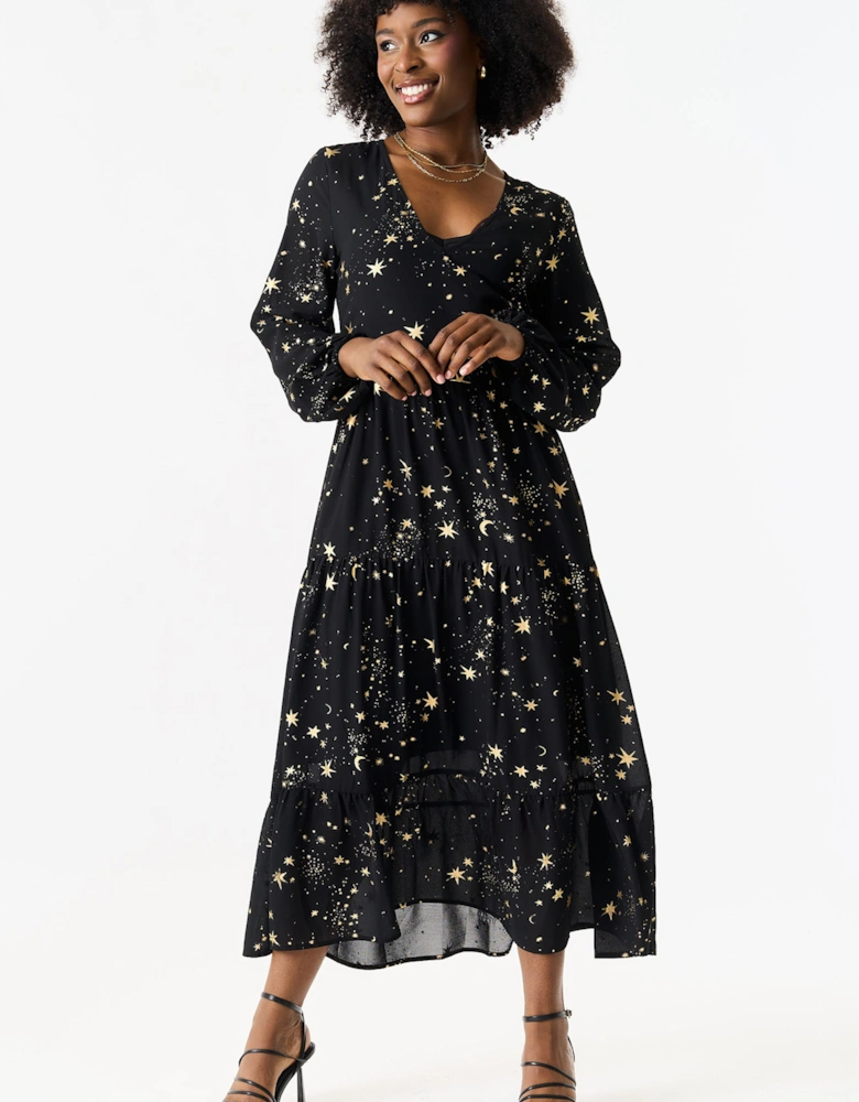 Black Star Print Smock Maxi Dress