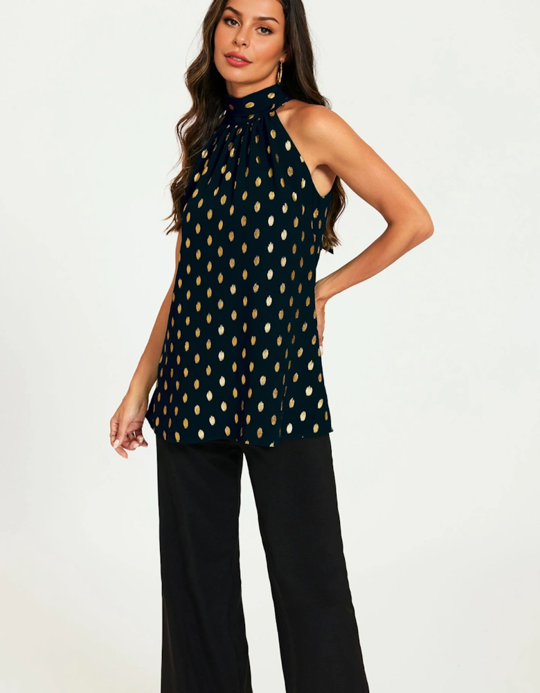 Gold Foil Halter Neck Tie Back Top In Black