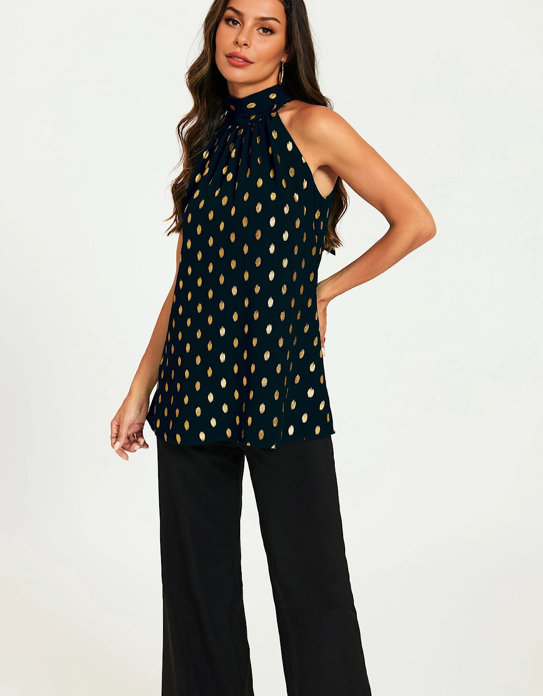 Gold Foil Halter Neck Tie Back Top In Black, 2 of 1