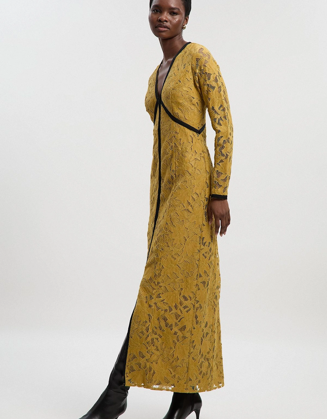 Lace with black taping long sleeve woven maxi dress, 2 of 1