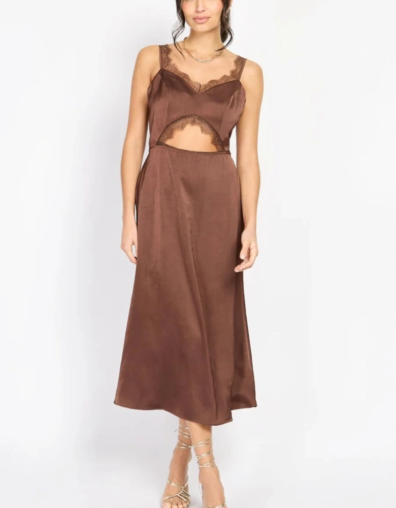 Chocolate Lace Trim Satin Midi Dress