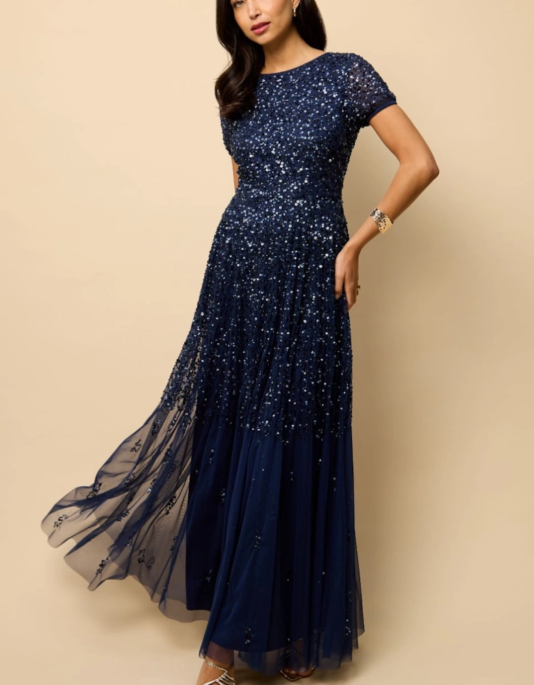 Navy Short Sleeve Embellished Maxi Dress