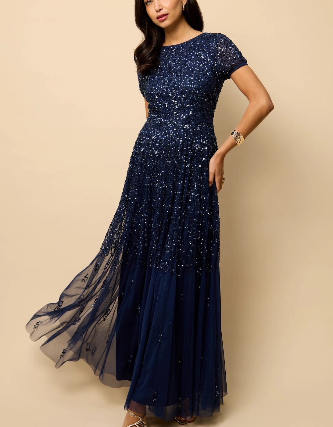 Navy Short Sleeve Embellished Maxi Dress, 2 of 1