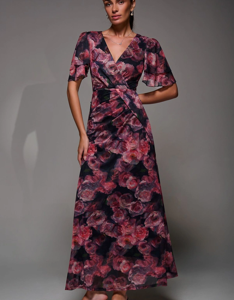 Angel Sleeve Draped Mesh Maxi Dress