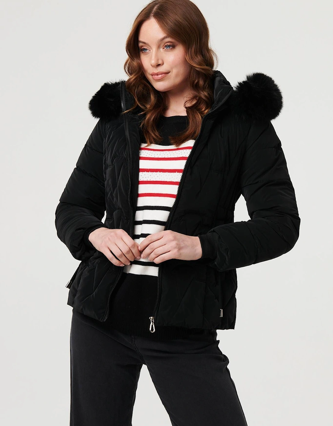 Faux Fur Trim Hooded Zip-Up Jacket, 2 of 1