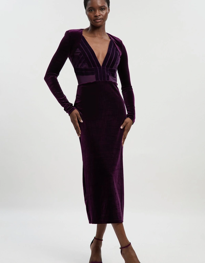 Stretch Velvet Taping Detail Mesh Plunge Neck Cut Out Back Midi Dress