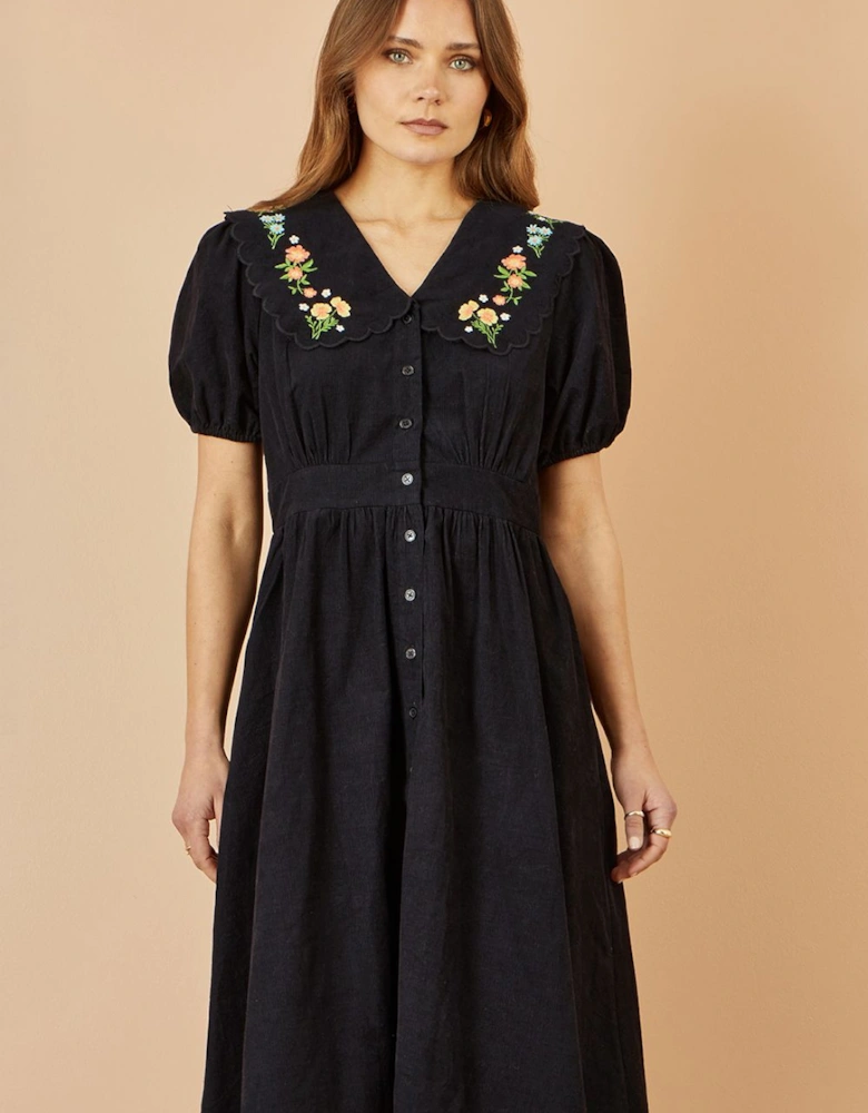 Black Embroidered Collar Cord Tea Dress