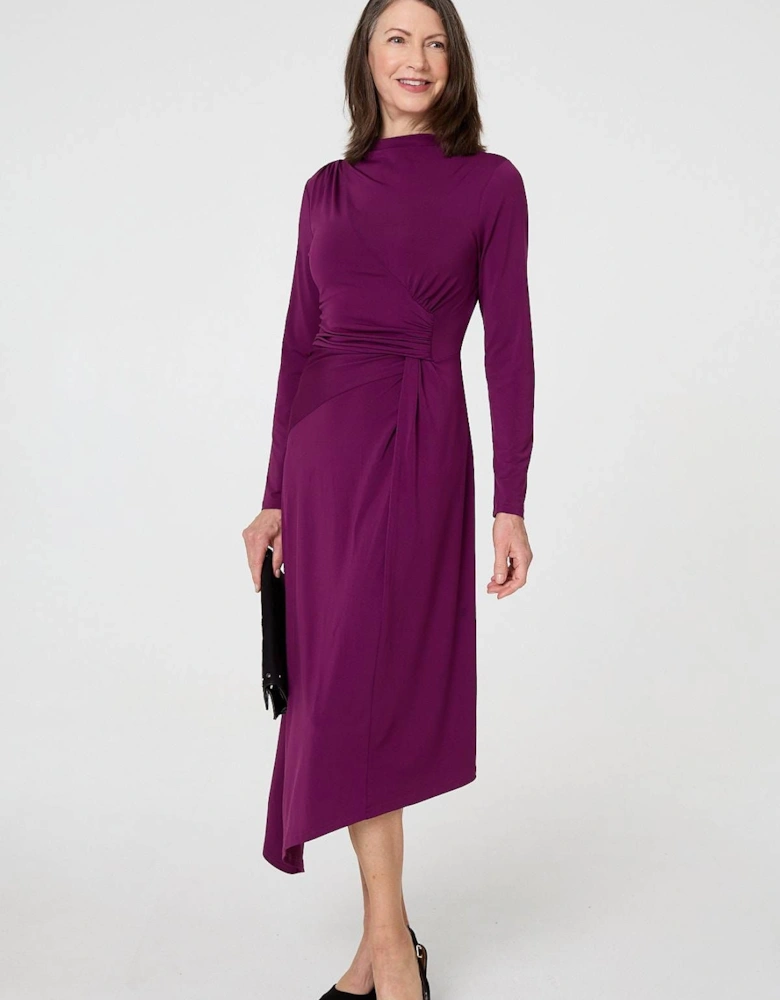 Asymmetric Twist Long Sleeve Midi Dress