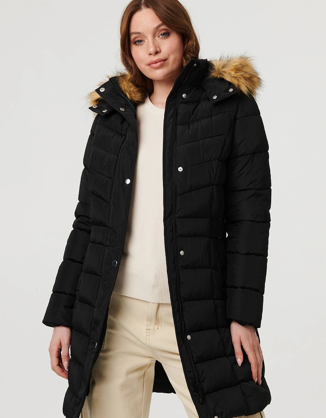 Hooded Faux Fur Trim Longline Jacket, 2 of 1
