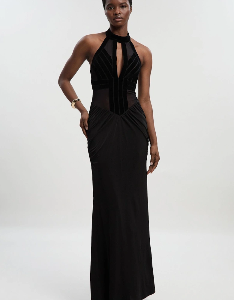 Stretch Velvet Taping Detail Mesh Halter Neck Maxi Dress